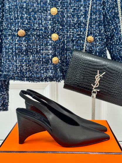 HIGH HEEL 75 MM POINTED- TOE SANDAL IN BLACK CALFSKIN