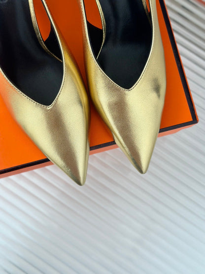 HIGH HEEL 75 MM POINTED- TOE SANDAL IN GOLD CALFSKIN