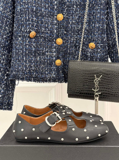 CROSSED STRAP BALLET FLATS IN BLACK CALFSKIN