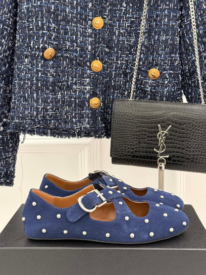 CROSSED STRAP BALLET FLATS IN NAVY BLUE SUEDE