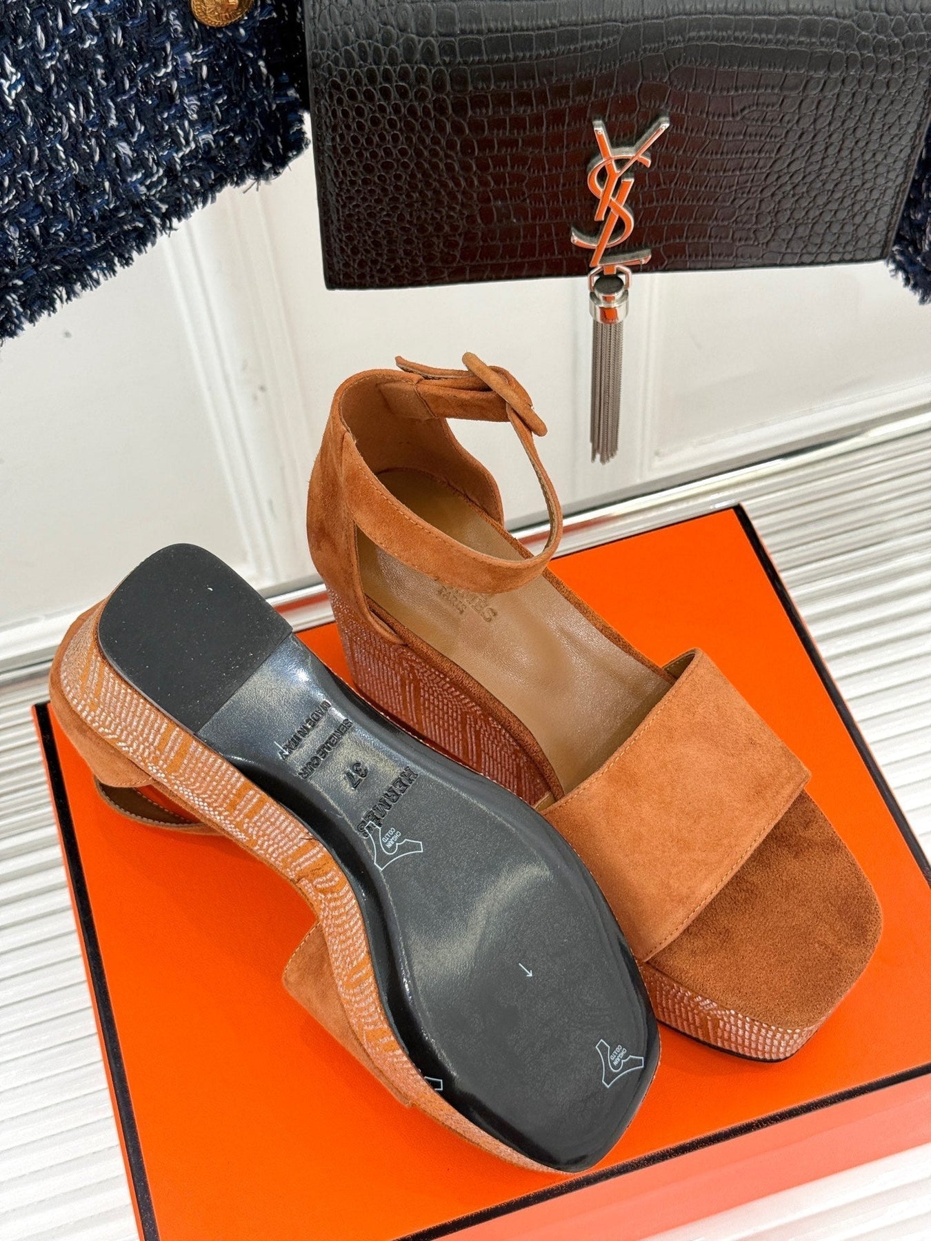 ILLUSION 35 SANDAL IN VIVID ORANGE SUEDE WITH RHINESTONE DETAILS