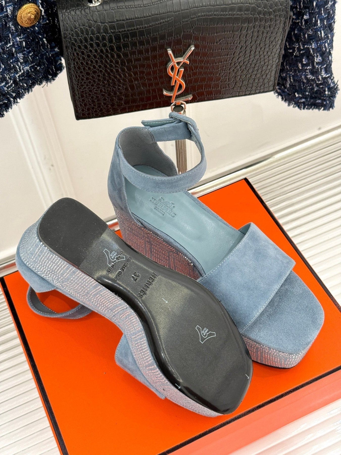 ILLUSION 35 SANDAL IN LIGHT BLUE SUEDE WITH RHINESTONE DETAILS