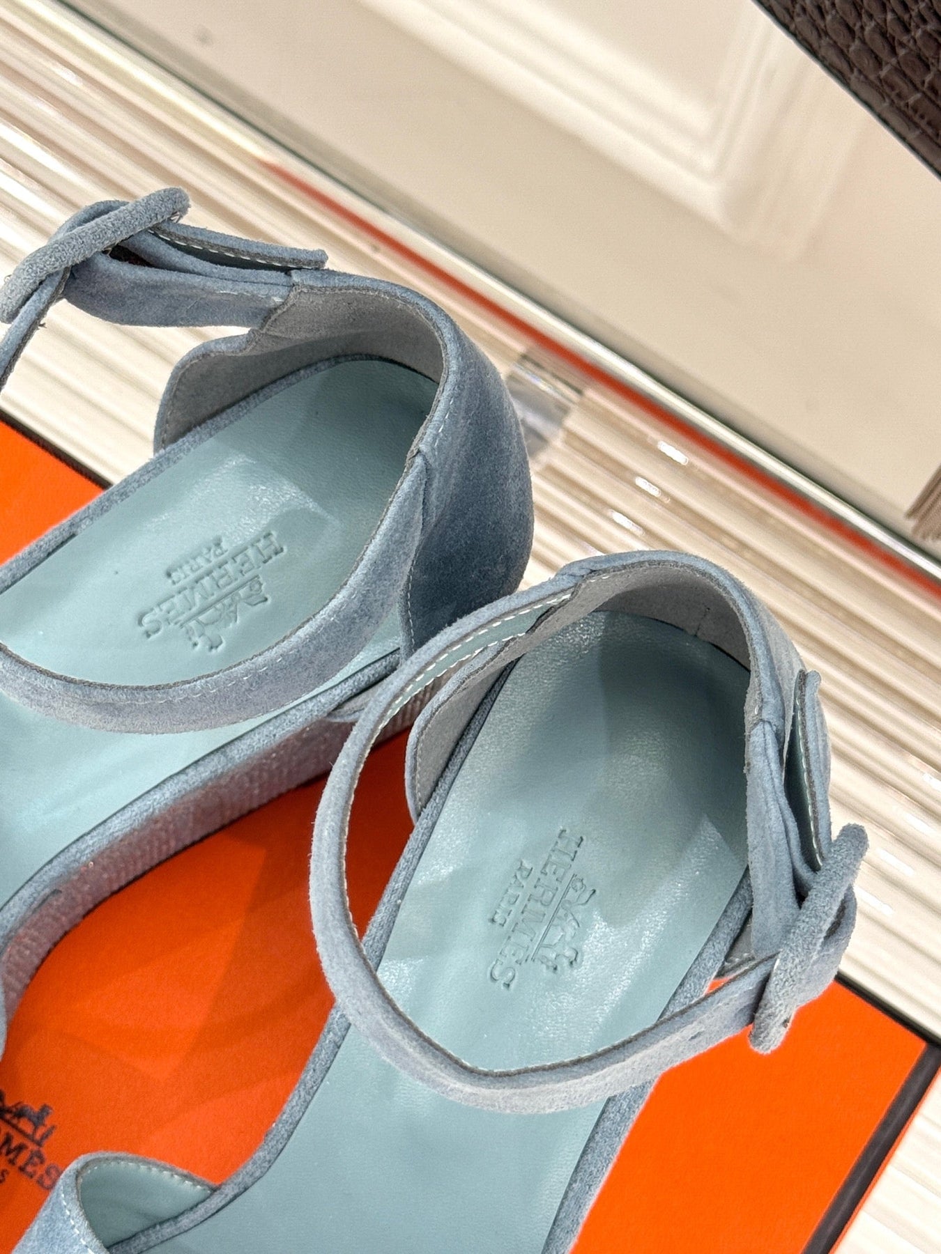 ILLUSION 35 SANDAL IN LIGHT BLUE SUEDE WITH RHINESTONE DETAILS