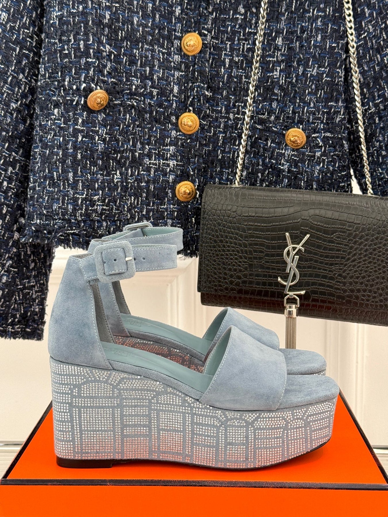 ILLUSION 35 SANDAL IN LIGHT BLUE SUEDE WITH RHINESTONE DETAILS