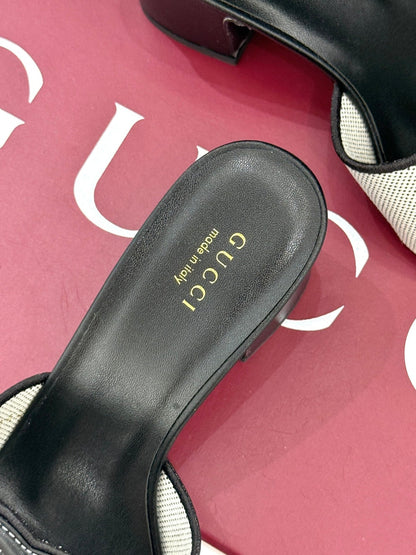 MID-HEEL MULE IN BLACK CALFSKIN AND CREAM WHITE FABRIC