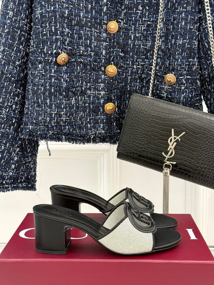 MID-HEEL MULE IN BLACK CALFSKIN AND CREAM WHITE FABRIC