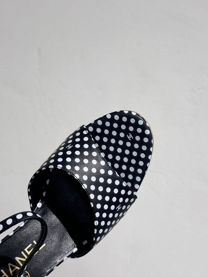 BLOCK HEEL SANDALS BLACK POLKA DOT SHEEPSKIN
