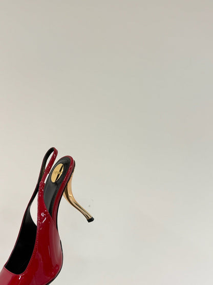 ORANGE GEM-STUDDED SLINGBACK PUMPS IN RED PATENT CALFSKIN
