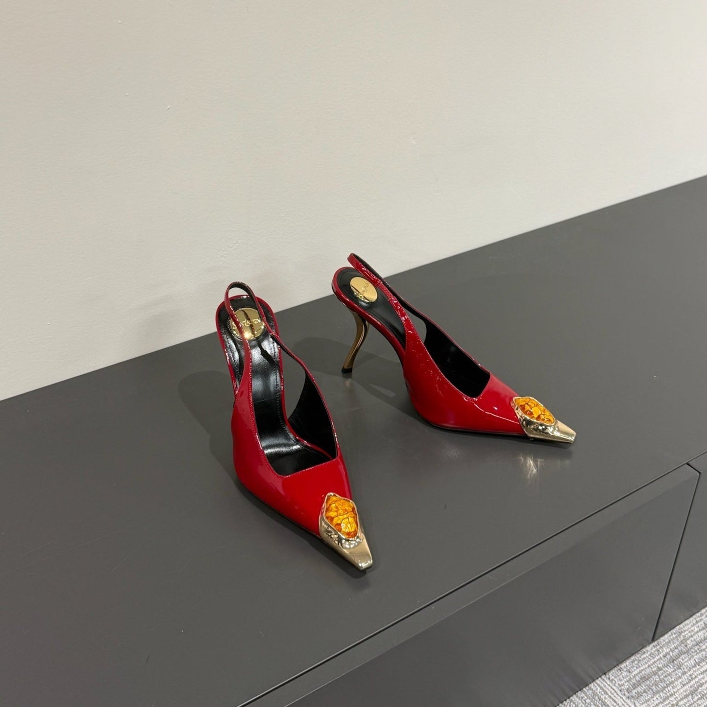 ORANGE GEM-STUDDED SLINGBACK PUMPS IN RED PATENT CALFSKIN