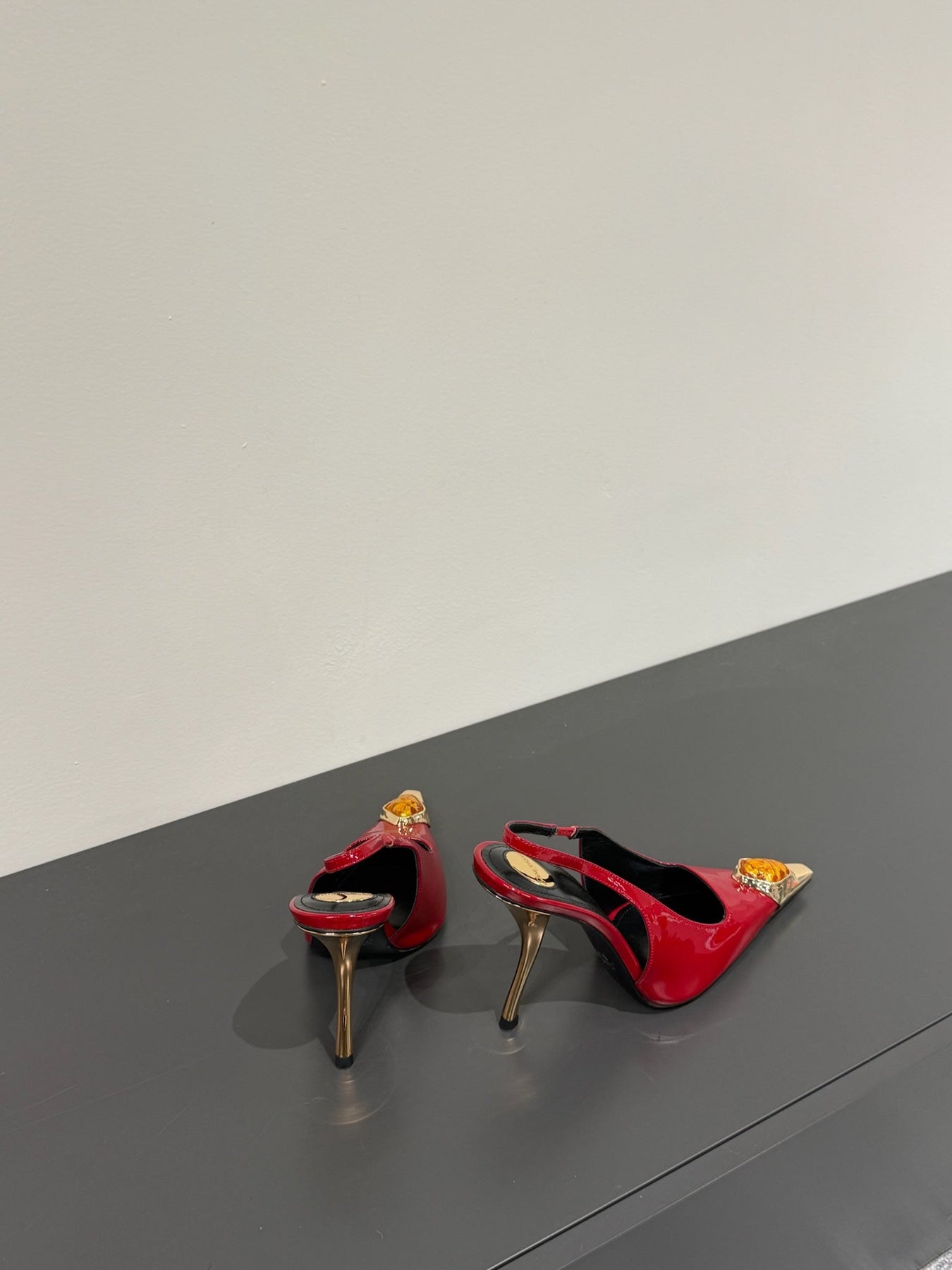 ORANGE GEM-STUDDED SLINGBACK PUMPS IN RED PATENT CALFSKIN