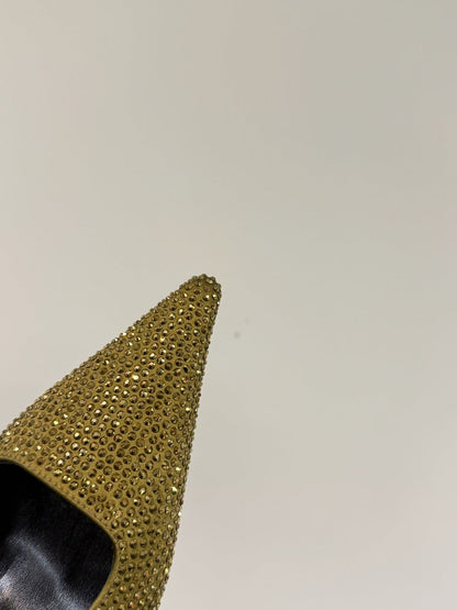HIGH SLINGBACKS POINTED-TOE IN METALLIC GOLD LAMBSKIN WITH CRYSTALS