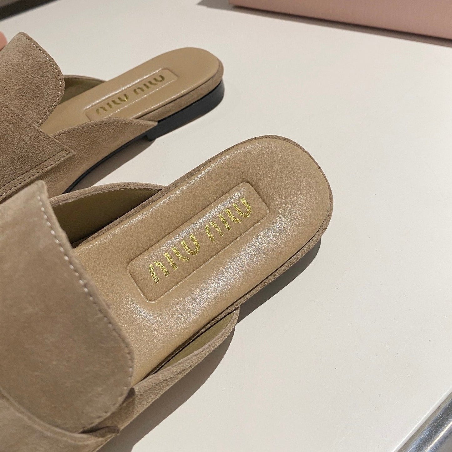 MULES SLIPPERS KHAKI COLOR SUEDE WITH GOLD COIN