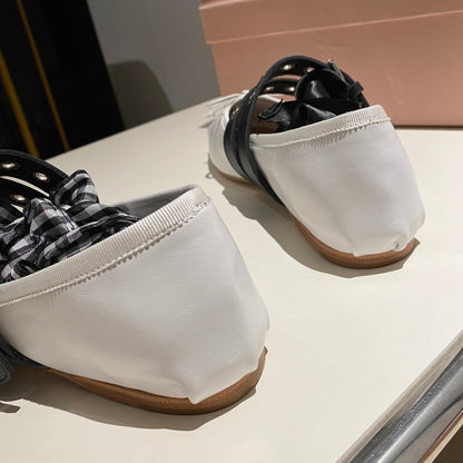 BALLET FLAT SHOES WHITE LAMBSKIN WITH UNIQUE BLACK STRAPS