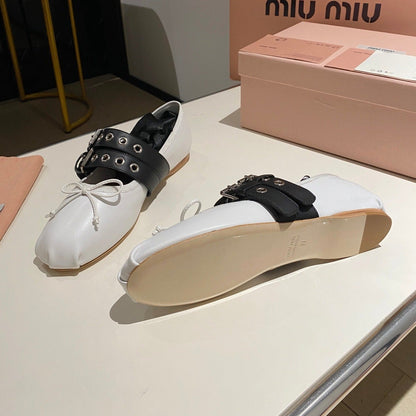 BALLET FLAT SHOES WHITE LAMBSKIN WITH UNIQUE BLACK STRAPS
