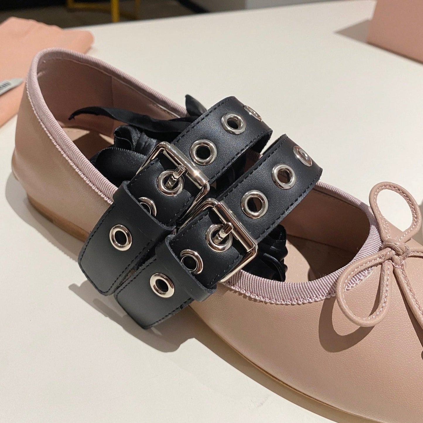 BALLET FLAT SHOES PINK NUDE LAMBSKIN WITH UNIQUE BLACK STRAPS
