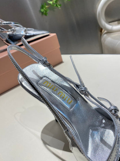 CROSS STRAP HIGH HEELED SLINGBACK IN SILVER METALLIC GLOSSY SHEEPSKIN