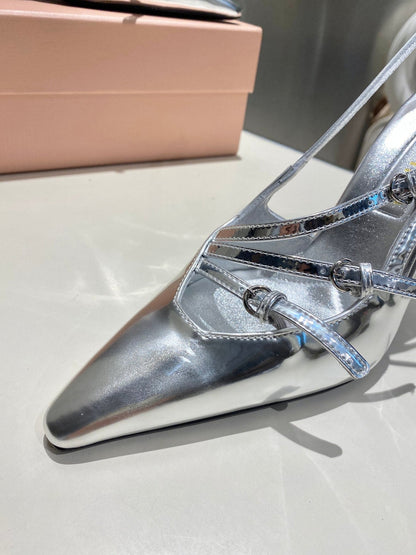 CROSS STRAP HIGH HEELED SLINGBACK IN SILVER METALLIC GLOSSY SHEEPSKIN