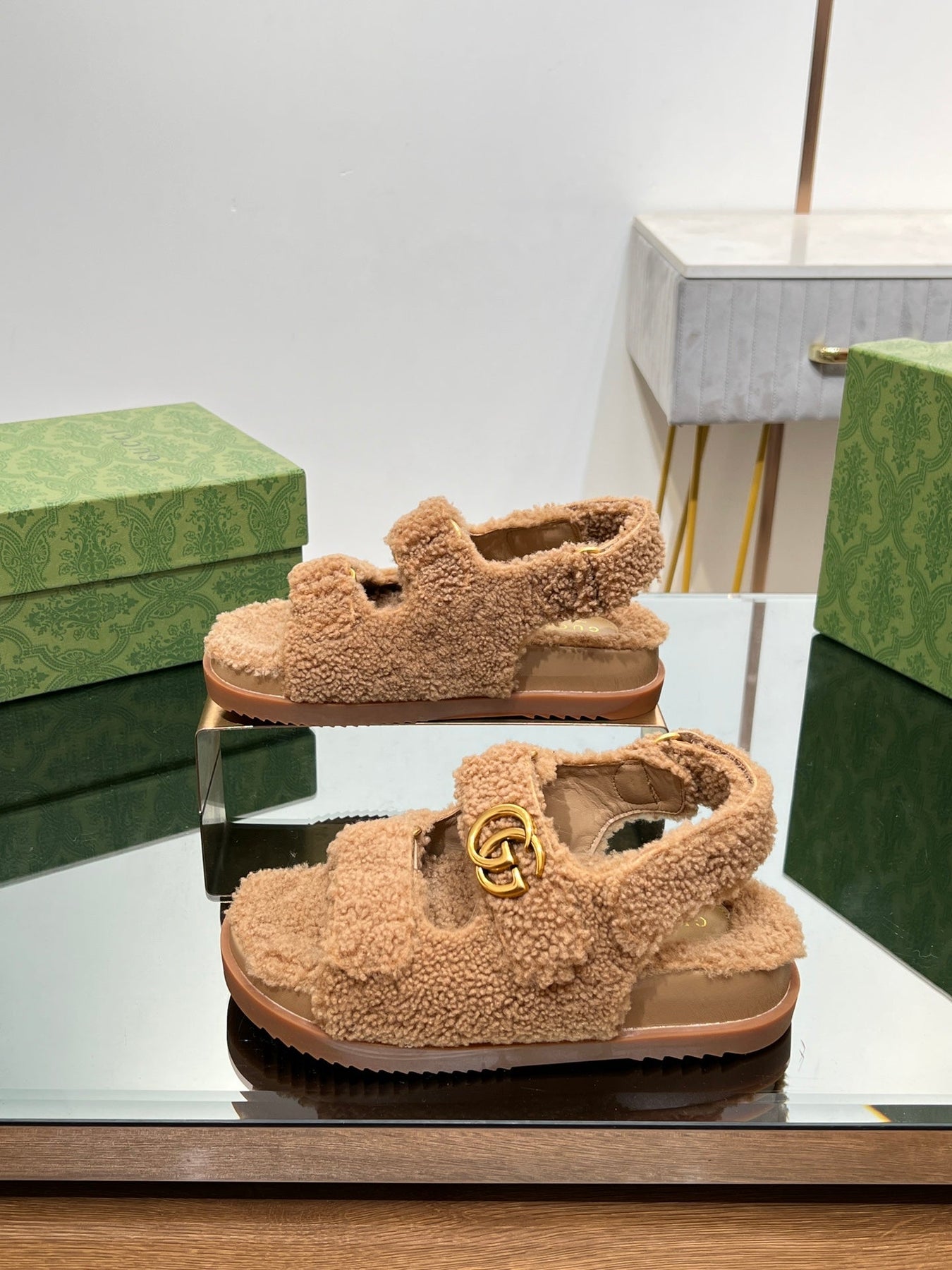 DAD SANDALS IN CIDER BROWN FLEECE WITH GOLD HARDWARE