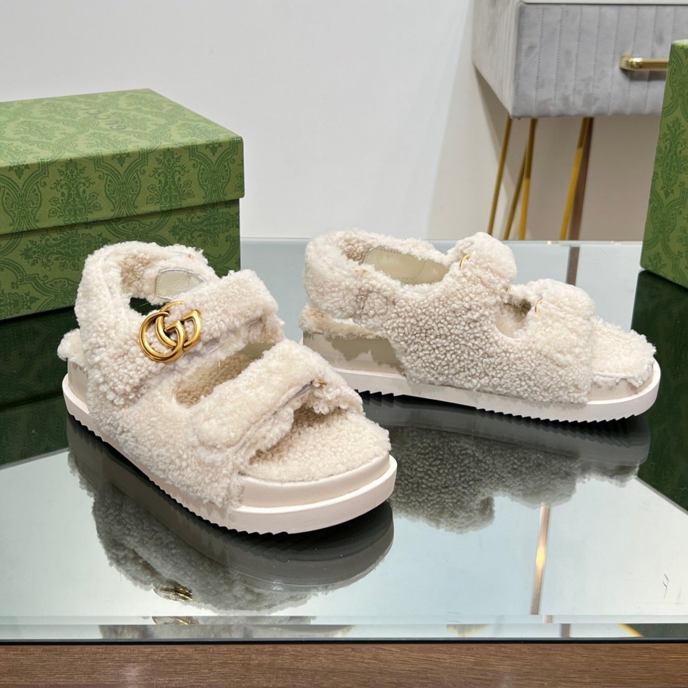 DAD SANDALS IN WHITE FLEECE WITH GOLD HARDWARE