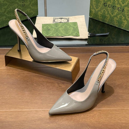 GG HIGH SLINGBACK 10.5 CM IN DOVE GREY GLOSSY CALFSKIN WITH GOLD HARDWARE