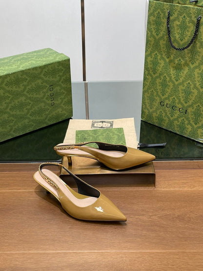 GG HIGH SLINGBACK 4.5 CM IN DIJON YELLOW GLOSSY CALFSKIN WITH GOLD HARDWARE
