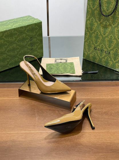 GG HIGH SLINGBACK 10.5 CM IN DIJON YELLOW GLOSSY CALFSKIN WITH GOLD HARDWARE