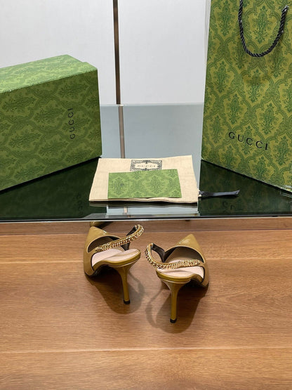 GG HIGH SLINGBACK 10.5 CM IN DIJON YELLOW GLOSSY CALFSKIN WITH GOLD HARDWARE