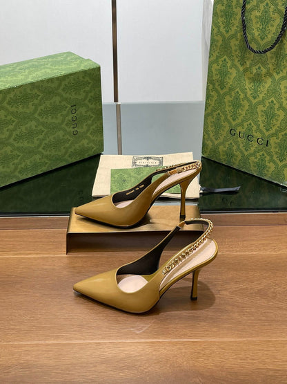 GG HIGH SLINGBACK 10.5 CM IN DIJON YELLOW GLOSSY CALFSKIN WITH GOLD HARDWARE