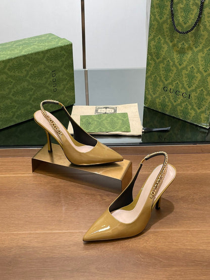 GG HIGH SLINGBACK 10.5 CM IN DIJON YELLOW GLOSSY CALFSKIN WITH GOLD HARDWARE