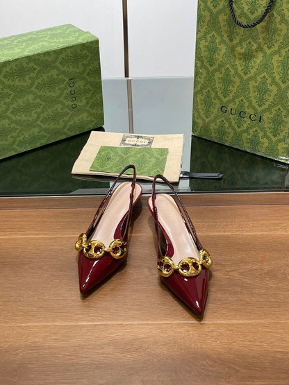 GG MID-HEELED SLINGBACK 4.5 CM IN WINE RED GLOSSY CALFSKIN WITH GOLD HARDWARE