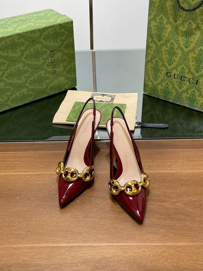 GG HIGH SLINGBACK 10.5 CM IN WINE RED GLOSSY CALFSKIN WITH GOLD HARDWARE