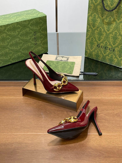 GG HIGH SLINGBACK 10.5 CM IN WINE RED GLOSSY CALFSKIN WITH GOLD HARDWARE
