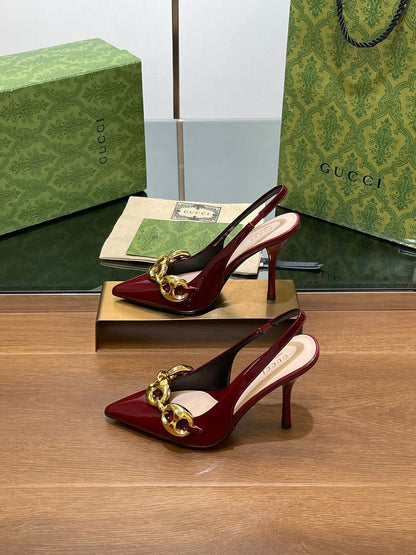 GG HIGH SLINGBACK 10.5 CM IN WINE RED GLOSSY CALFSKIN WITH GOLD HARDWARE