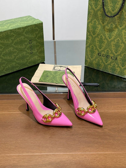 GG HIGH SLINGBACK 10.5 CM IN FUSICA PINK GLOSSY CALFSKIN WITH GOLD HARDWARE