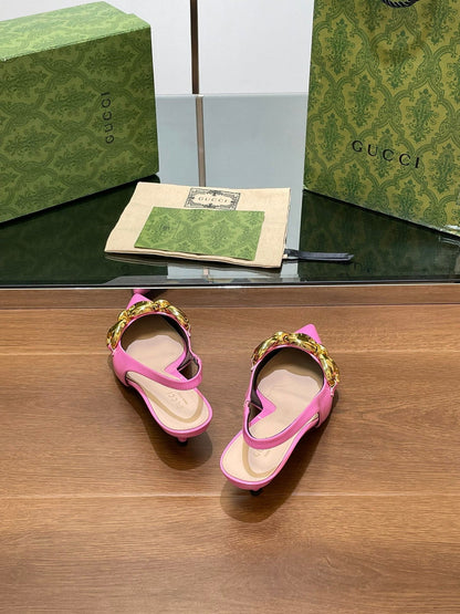GG MID-HEELED SLINGBACK 4.5 CM IN FUSICA PINK GLOSSY CALFSKIN WITH GOLD HARDWARE