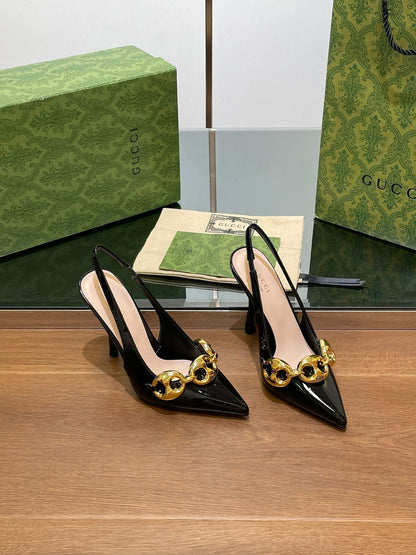 GG HIGH SLINGBACK 10.5 CM IN BLACK GLOSSY CALFSKIN WITH GOLD HARDWARE