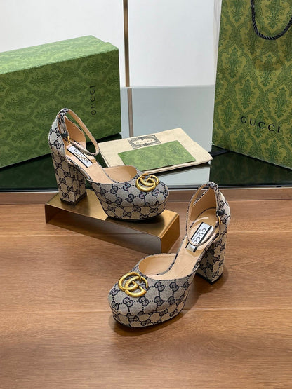 GG HIGH SANDAL 11.5 CM IN BLACK MIX BEIGE MONOGRAM JACQUARD FABRIC