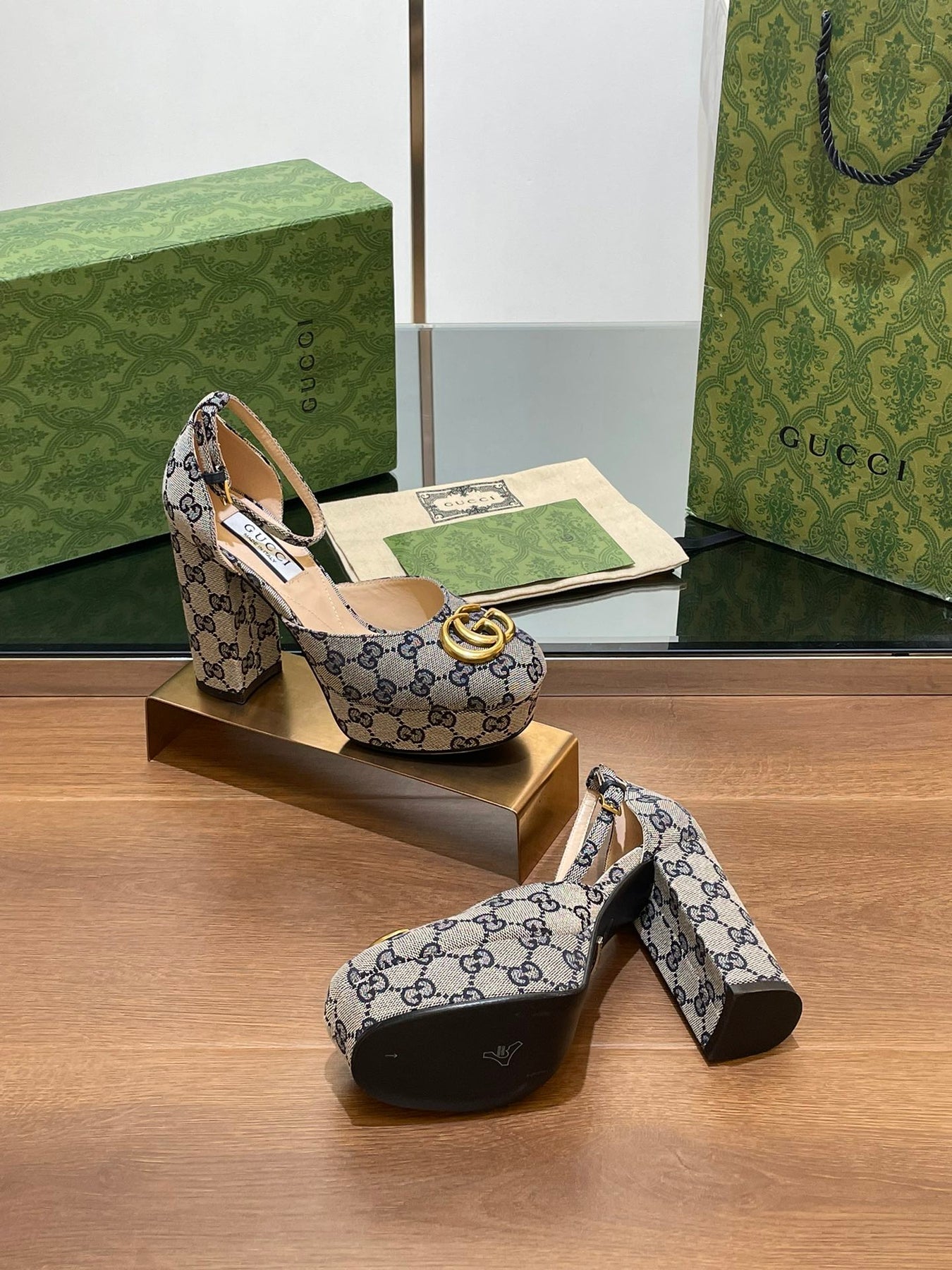 GG HIGH SANDAL 11.5 CM IN BLACK MIX BEIGE MONOGRAM JACQUARD FABRIC