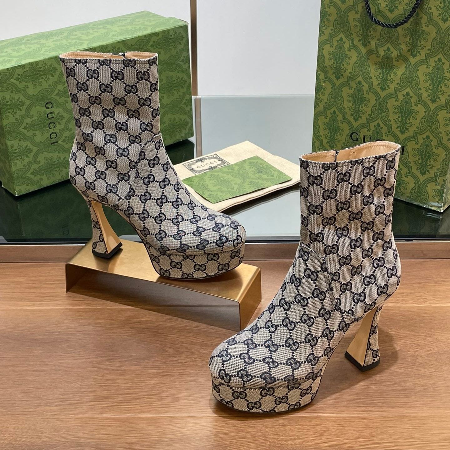 GG SHORT BOOTS 11.5 CM IN BLACK MIX BEIGE MONOGRAM JACQUARD FABRIC