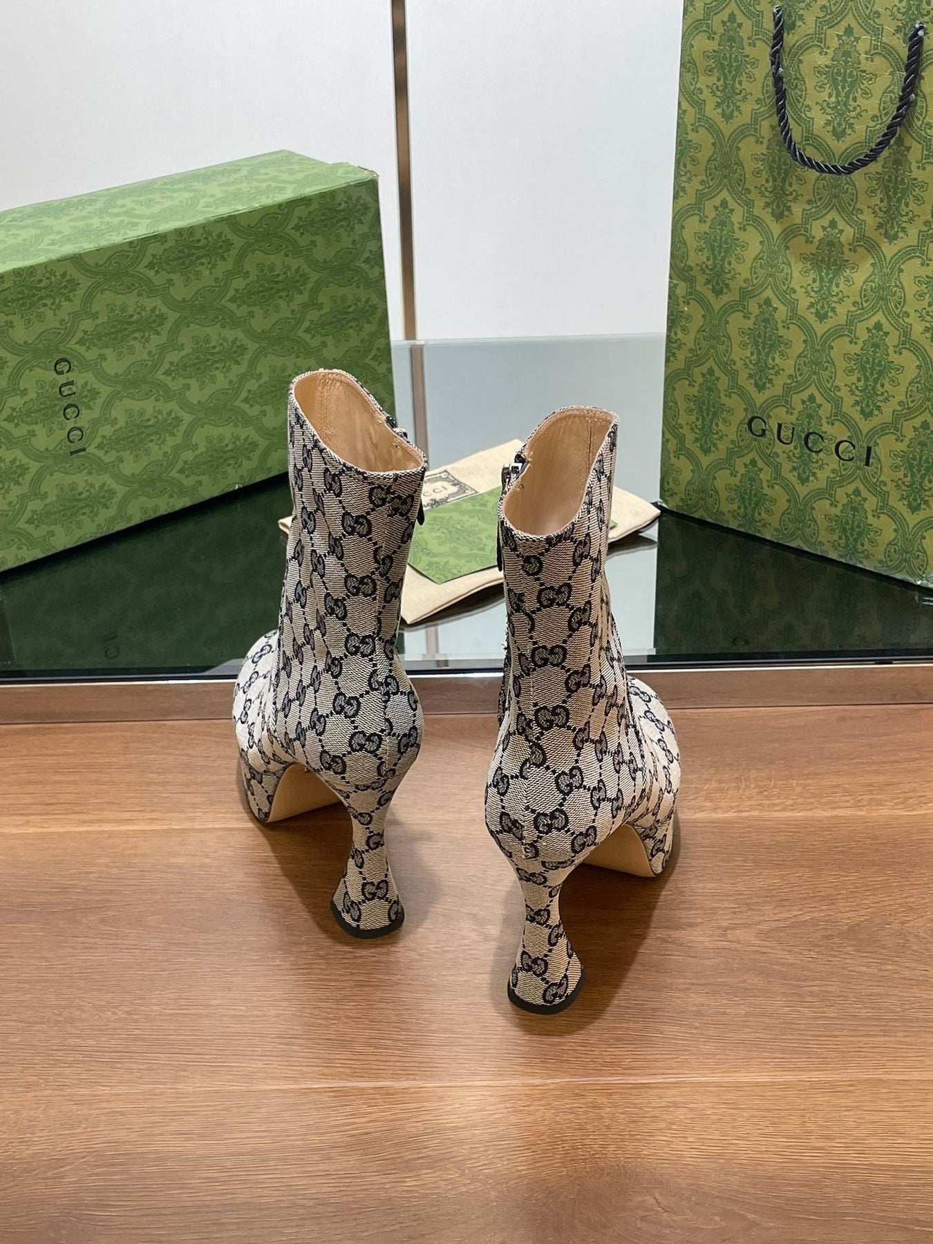 GG SHORT BOOTS 11.5 CM IN BLACK MIX BEIGE MONOGRAM JACQUARD FABRIC