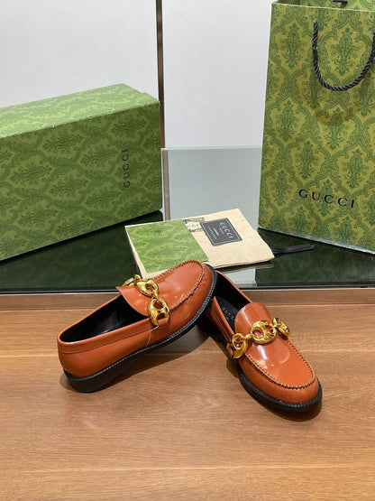 GG LOAFER SHOES IN BRONZE BROWN CALFSKIN WITH GOLD HARDWARE