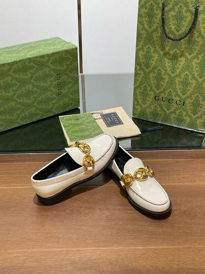 GG LOAFER SHOES IN WHITE CALFSKIN WITH GOLD HARDWARE