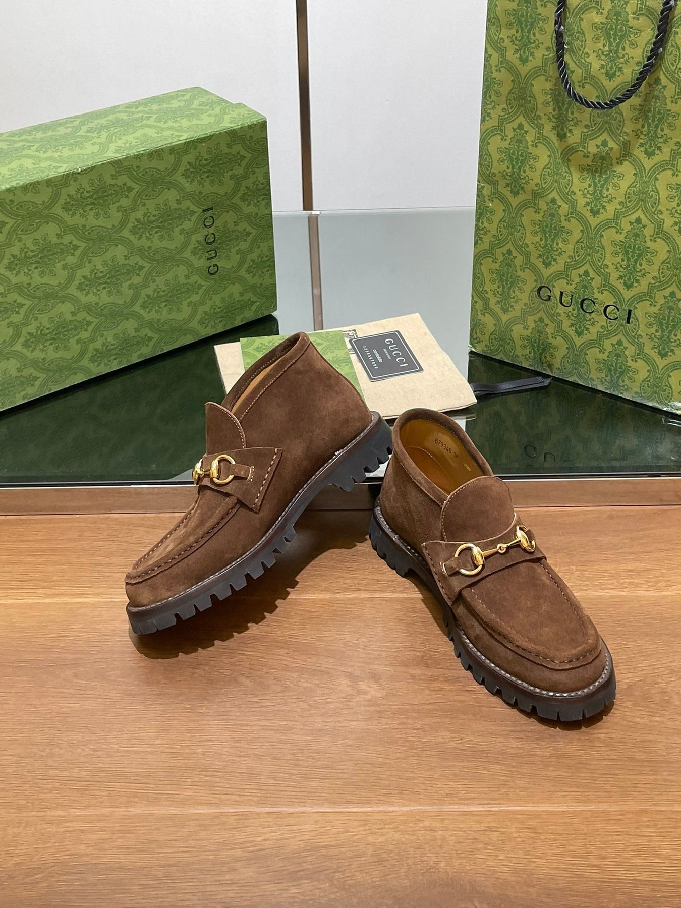 GG WOMEN'S HORSEBIT ANKLE BOOT IN DARK BROWN SUEDE