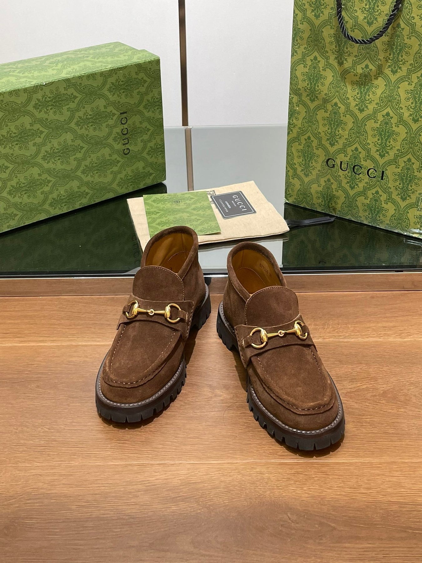 GG WOMEN'S HORSEBIT ANKLE BOOT IN DARK BROWN SUEDE