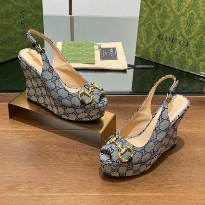 GG WEDGE PLATFORM IN STEEL GREY MONOGRAM JACQUARD FABRIC