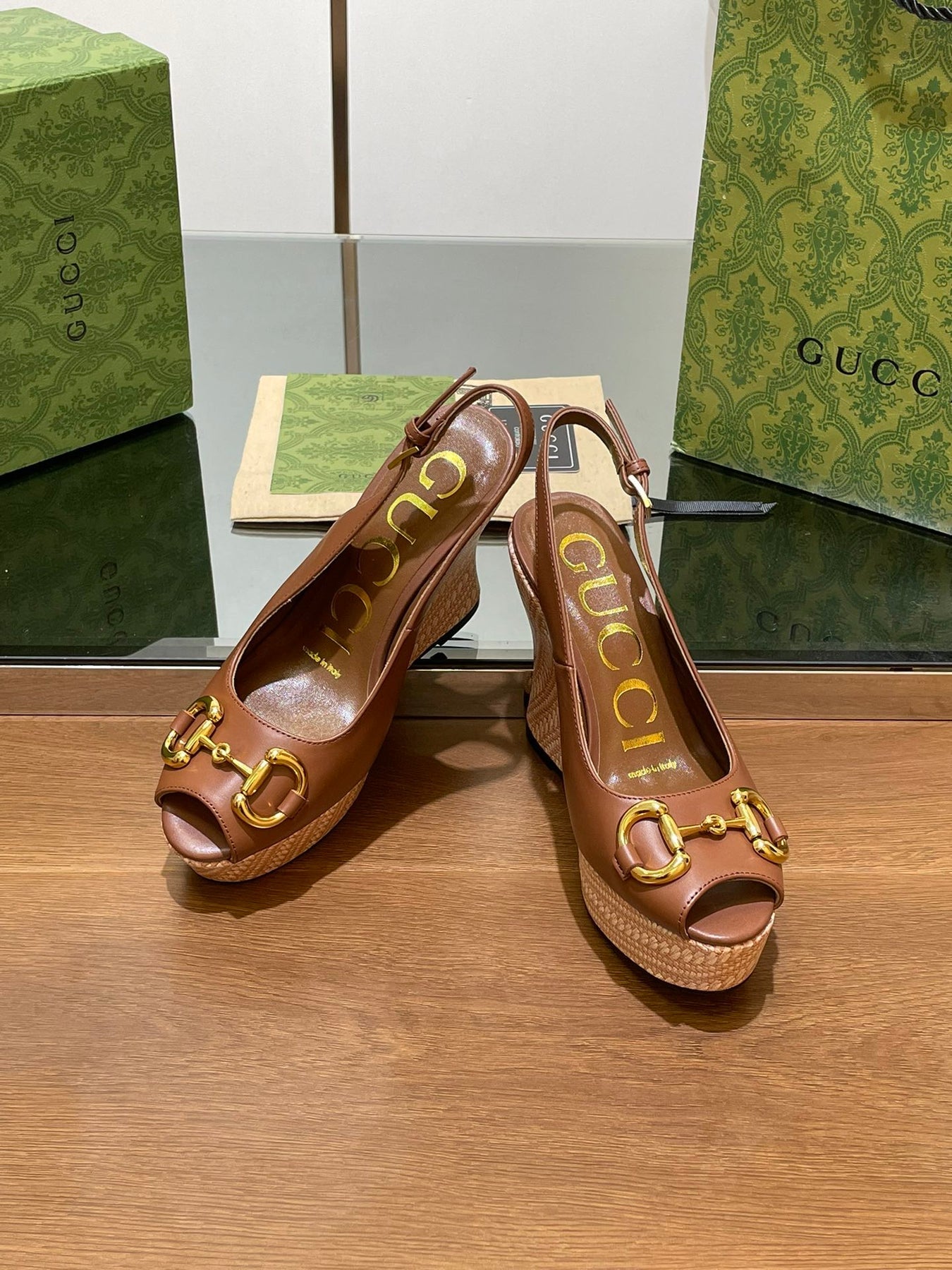 GG WEDGE PLATFORM IN CHOCOLATE BROWN CALFSKIN WITH GOLD HARDWARE