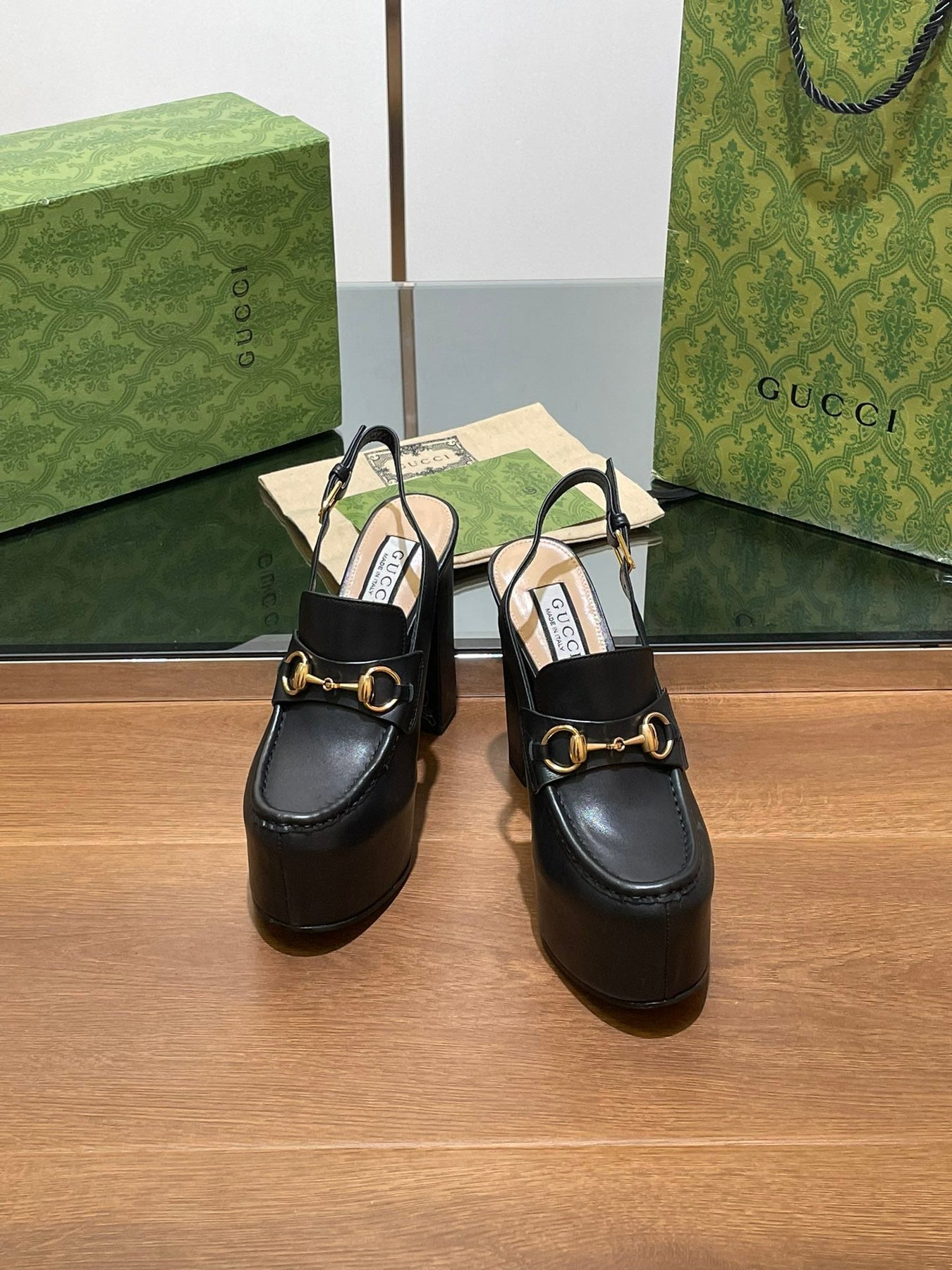 GG WOMEN'S HORSEBIT PLATFORM LOAFER SLINGBACK IN BLACK CALFSKIN