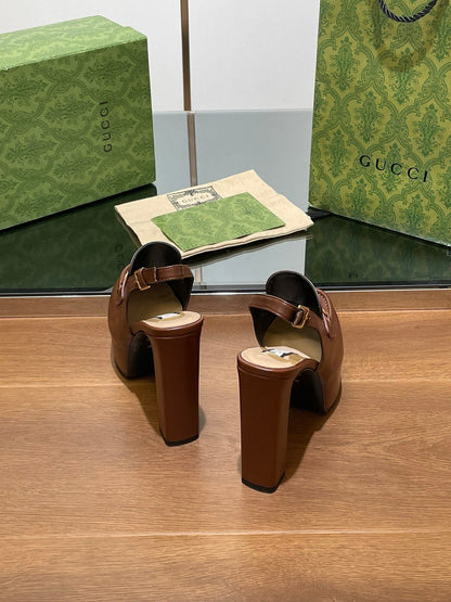 GG WOMEN'S HORSEBIT PLATFORM LOAFER SLINGBACK IN DARK BROWN CALFSKIN