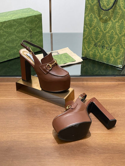 GG WOMEN'S HORSEBIT PLATFORM LOAFER SLINGBACK IN DARK BROWN CALFSKIN