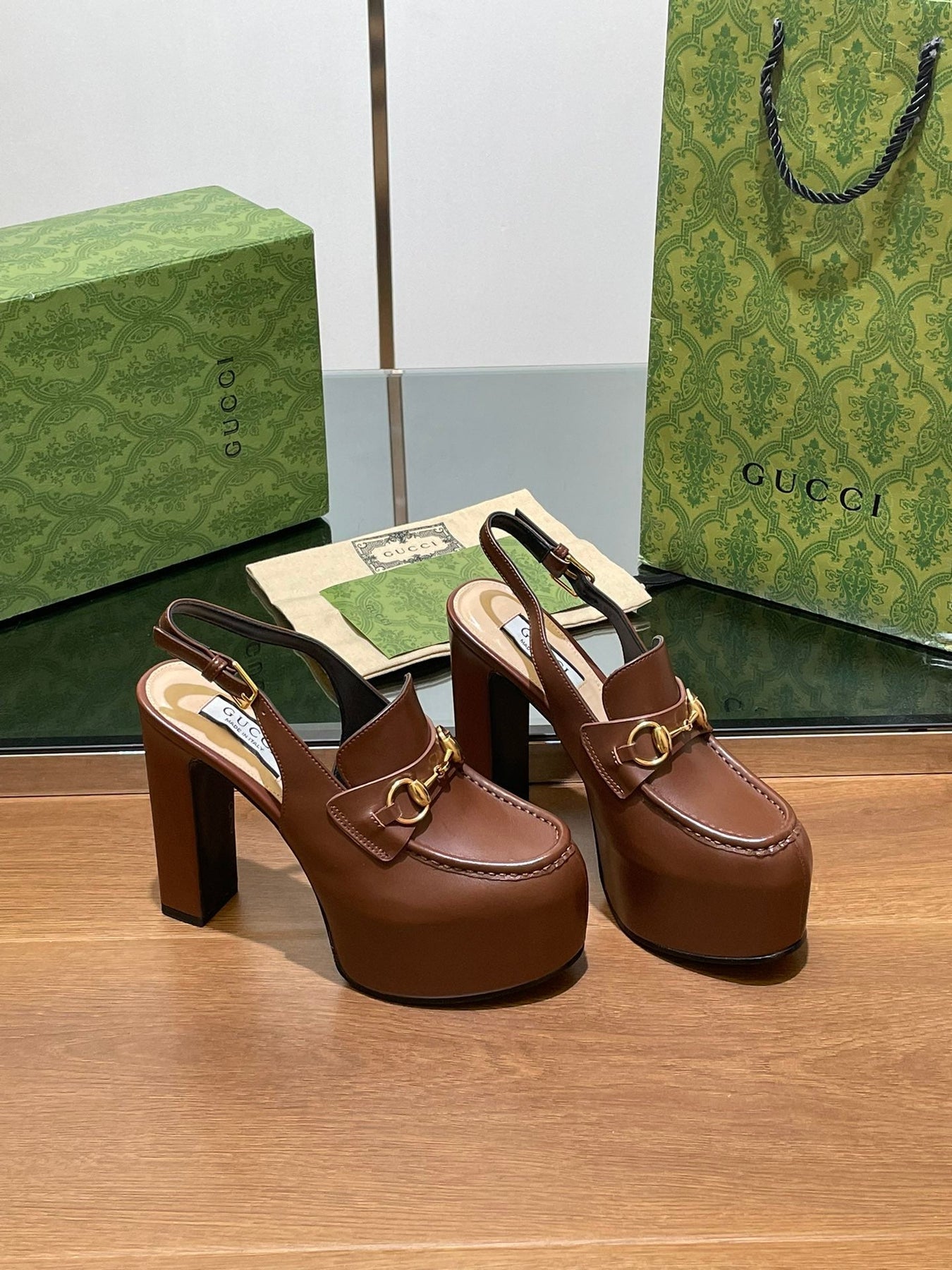 GG WOMEN'S HORSEBIT PLATFORM LOAFER SLINGBACK IN DARK BROWN CALFSKIN